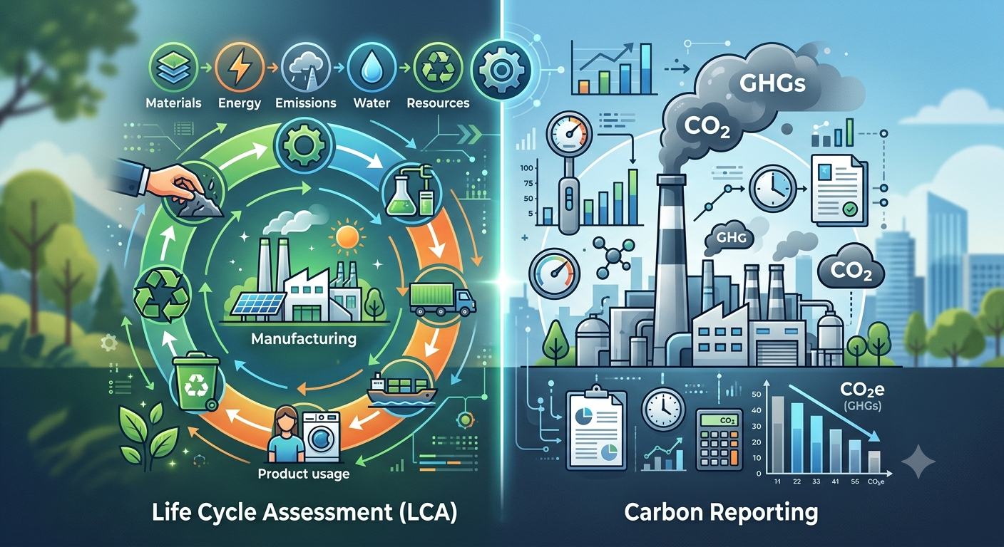 design blog feature image without text for Life Cycle Assessment (LCA) Methodology vs Carbon Reporting: What’s the Difference?